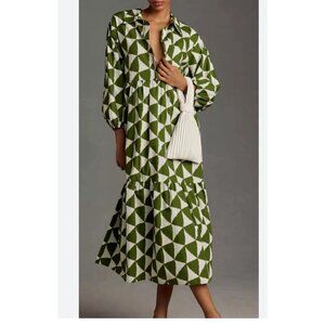 ANTHROPOLOGIE The Bettina Dress Tiered Shirt Size Small Green Maeve $168